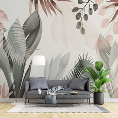 Tapet Personalizat Leaf cu frunze in culori pastel pe un fundal texturat - SERENITY PINK