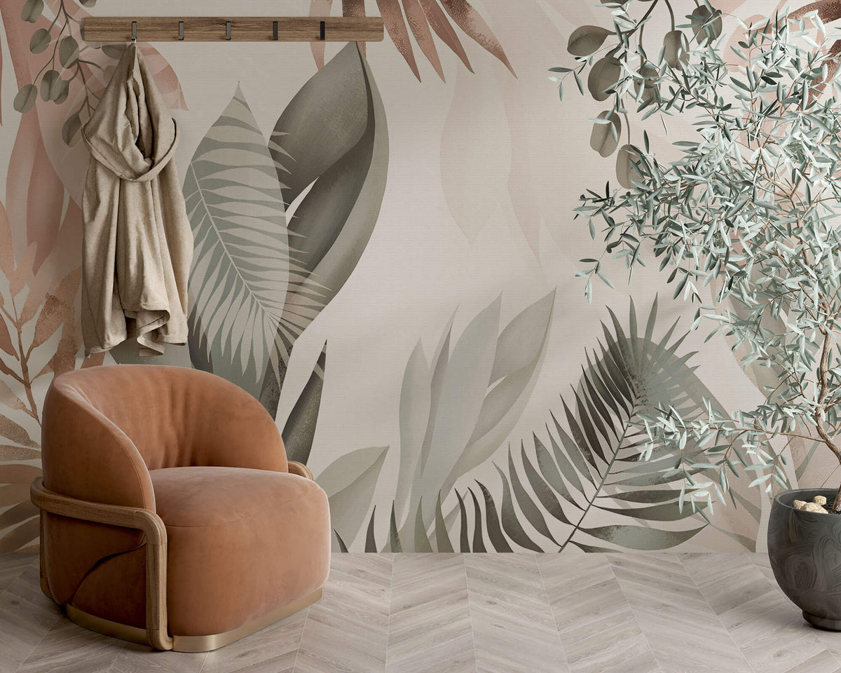 Tapet Personalizat Leaf cu frunze in culori pastel pe un fundal texturat - SERENITY PINK