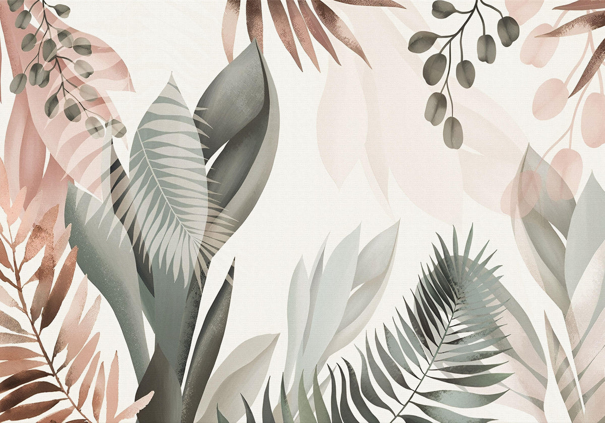 Tapet Personalizat Leaf cu frunze in culori pastel pe un fundal texturat - SERENITY PINK