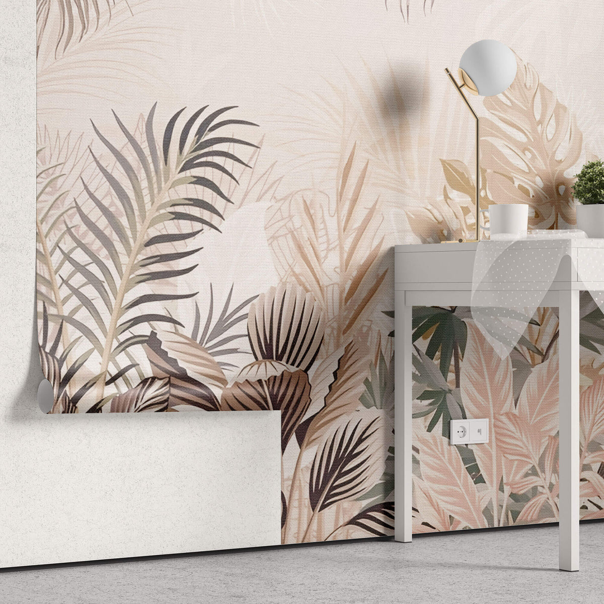 Tapet Personalizat Leaf cu frunze roz pastel intr-un fundal texturat - PAPER LIKE TROPICAL