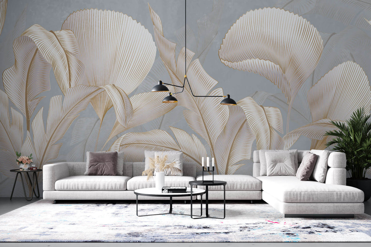Tapet Personalizat Leaf cu frunze albe cu insertii aurii pe un fundal gri-albastrui - REFINED LEAVES