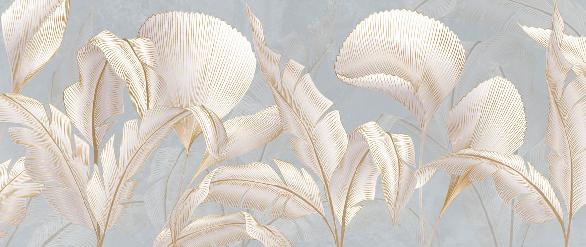 Tapet Personalizat Leaf cu frunze albe cu insertii aurii pe un fundal gri-albastrui - REFINED LEAVES