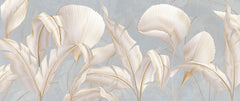 Tapet Personalizat Leaf cu frunze albe cu insertii aurii pe un fundal gri-albastrui - REFINED LEAVES
