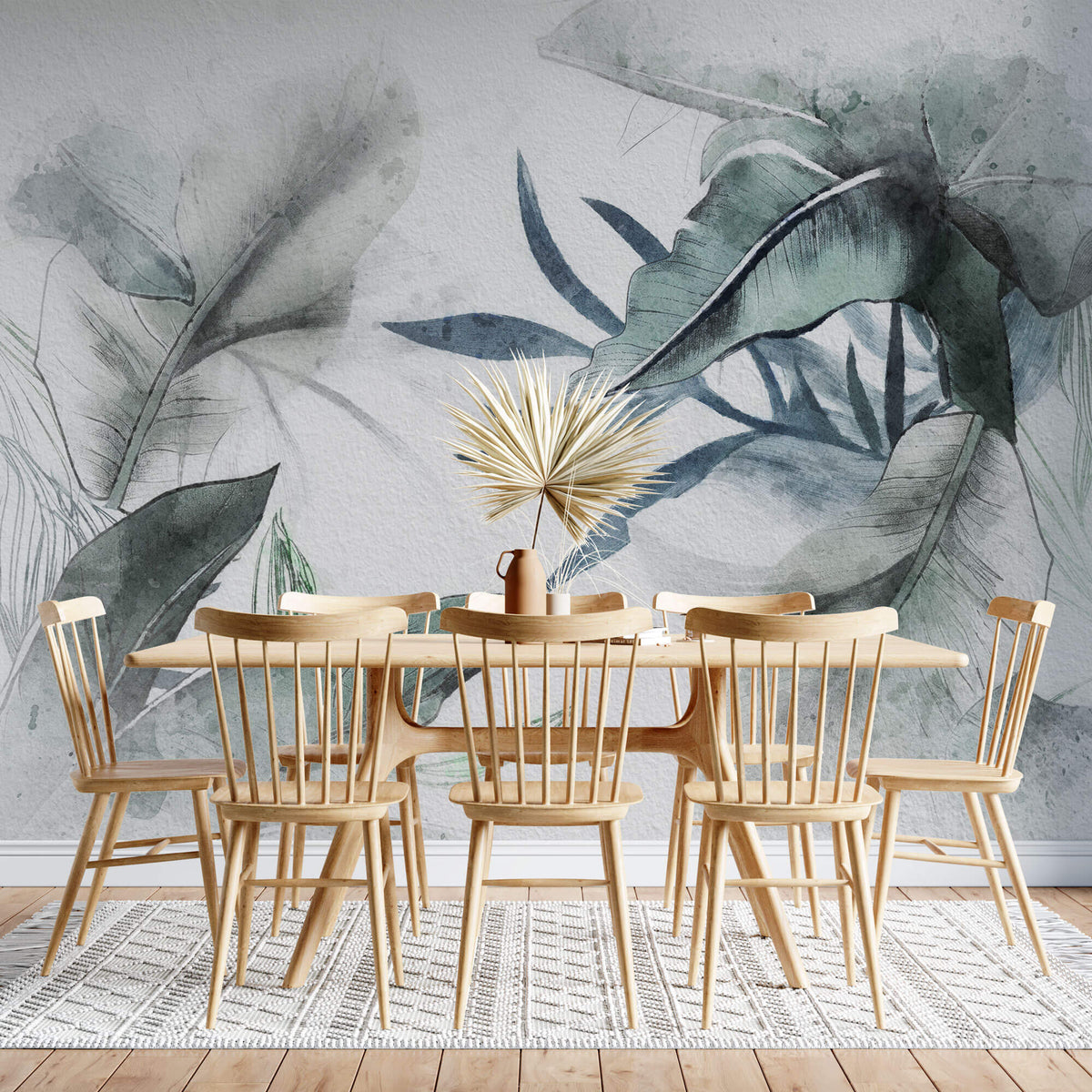 Tapet Personalizat Leaf cu frunze verzi si ablastrui tropicale pe un fundal alb texturat - TAINTED INK LEAVES
