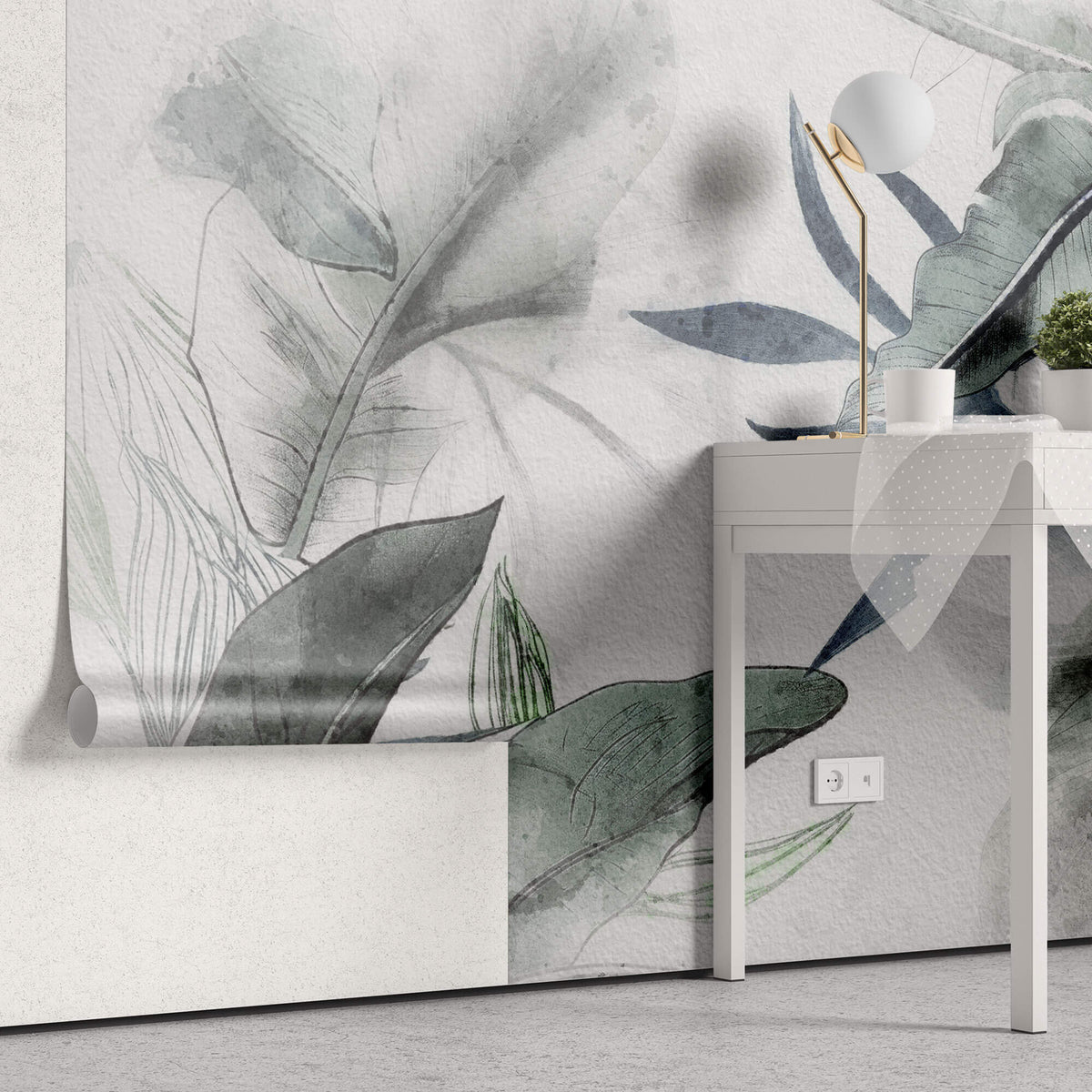 Tapet Personalizat Leaf cu frunze verzi si ablastrui tropicale pe un fundal alb texturat - TAINTED INK LEAVES