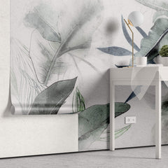Tapet Personalizat Leaf cu frunze verzi si ablastrui tropicale pe un fundal alb texturat - TAINTED INK LEAVES