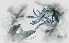 Tapet Personalizat Leaf cu frunze verzi si ablastrui tropicale pe un fundal alb texturat - TAINTED INK LEAVES