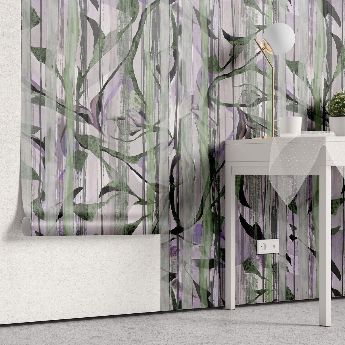 Tapet Personalizat Leaf cu frunze verzi si fundal mov cu model abstract - LILAC DRAPES