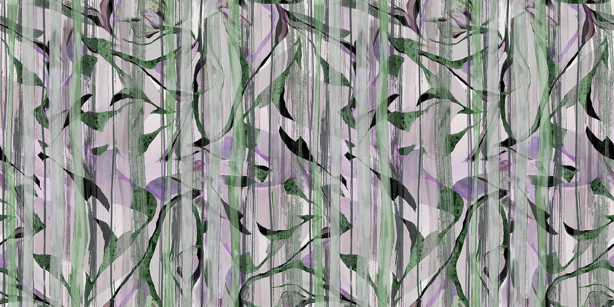 Tapet Personalizat Leaf cu frunze verzi si fundal mov cu model abstract - LILAC DRAPES
