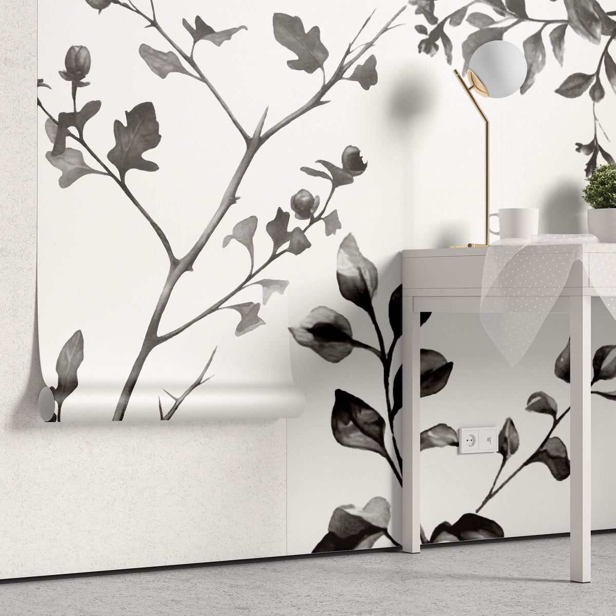 Tapet Personalizat Leaf cu frunze de stejar in alb negru - OAK MINIMALIST LEAVES