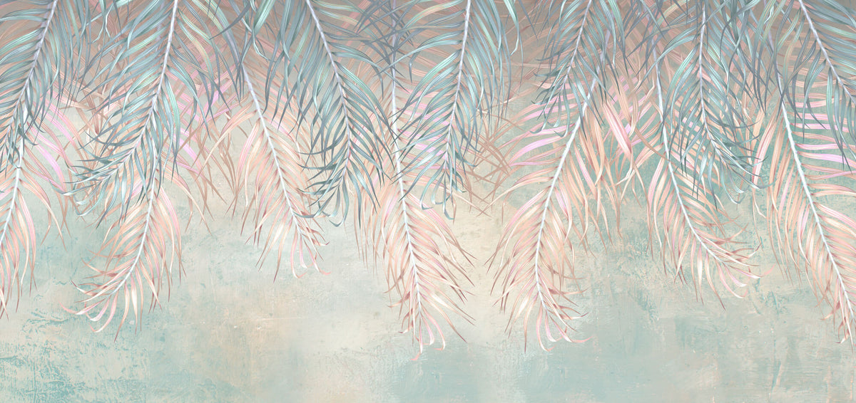 Tapet Personalizat Leaf cu frunze multicolore de palmier in nuante de roz si verde - PINKY BLUE TALES