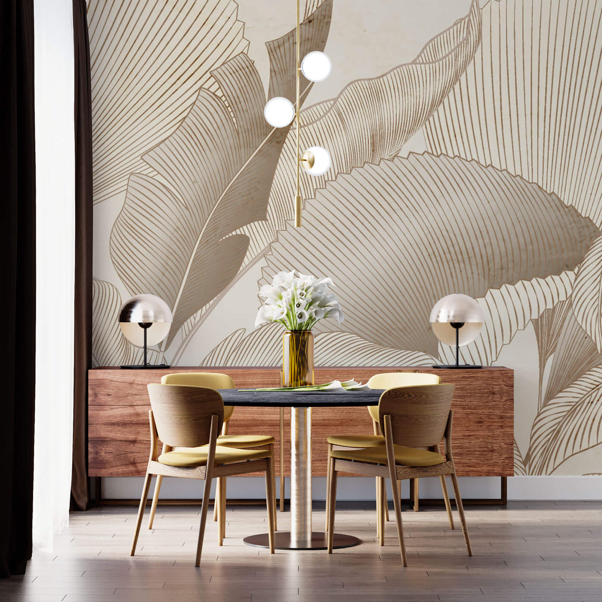 Tapet Personalizat Leaf cu frunze abstracte texturate in nuante de bej - VINTAGE LINE LEAVES