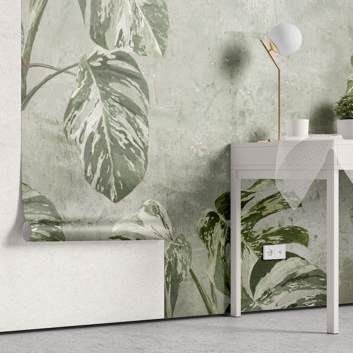 Tapet Personalizat Leaf cu frunze verzi de monstera pe un fundal texturat - WHITE MONSTERA WALL