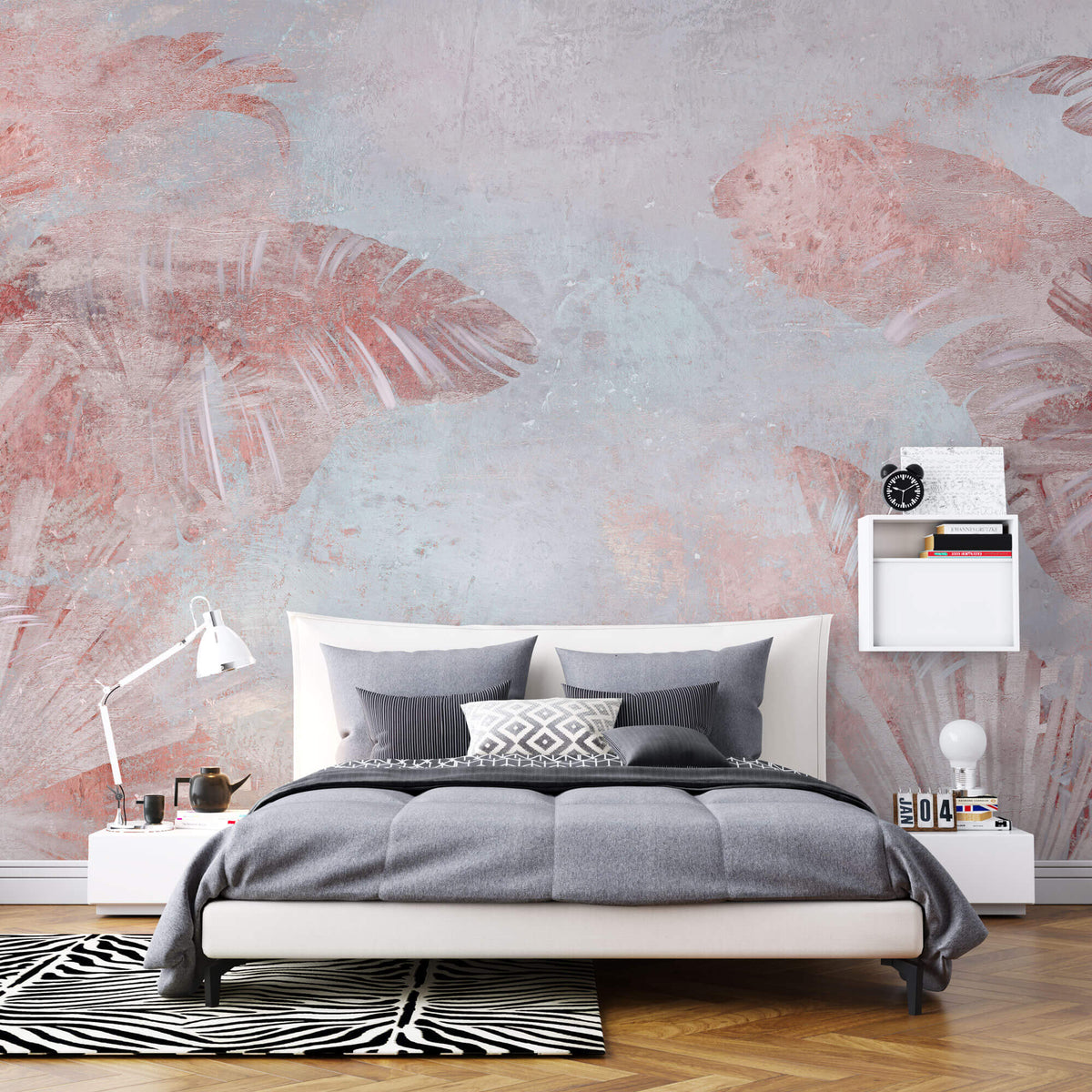 Tapet Personalizat Leaf cu frunze tropicale in nuante de roz si fundal texturat - PINK LEAF WALL