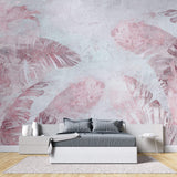 Tapet Personalizat Leaf cu frunze tropicale in nuante de roz si mov pe un fundal texturat - PURPLE LEAF WALL