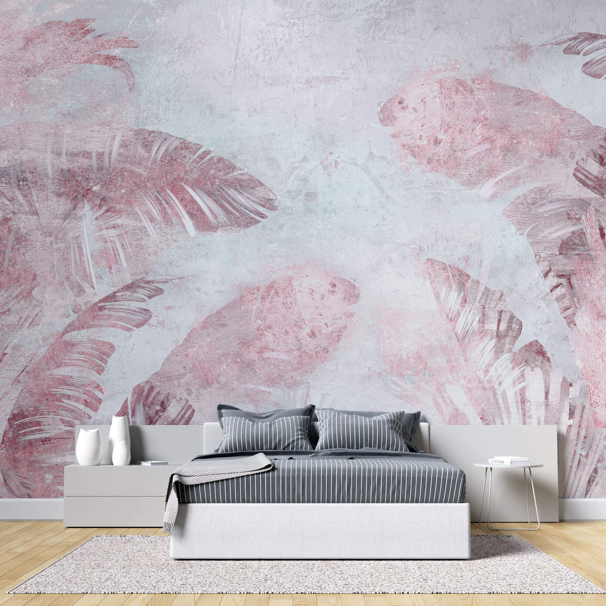 Tapet Personalizat Leaf cu frunze tropicale in nuante de roz si mov pe un fundal texturat - PURPLE LEAF WALL
