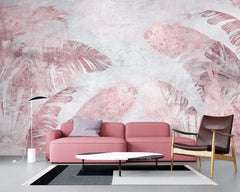 Tapet Personalizat Leaf cu frunze tropicale in nuante de roz si mov pe un fundal texturat - PURPLE LEAF WALL
