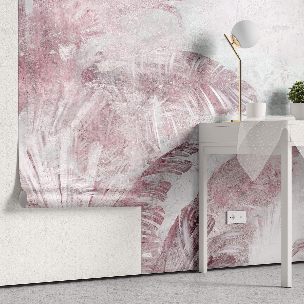 Tapet Personalizat Leaf cu frunze tropicale in nuante de roz si mov pe un fundal texturat - PURPLE LEAF WALL