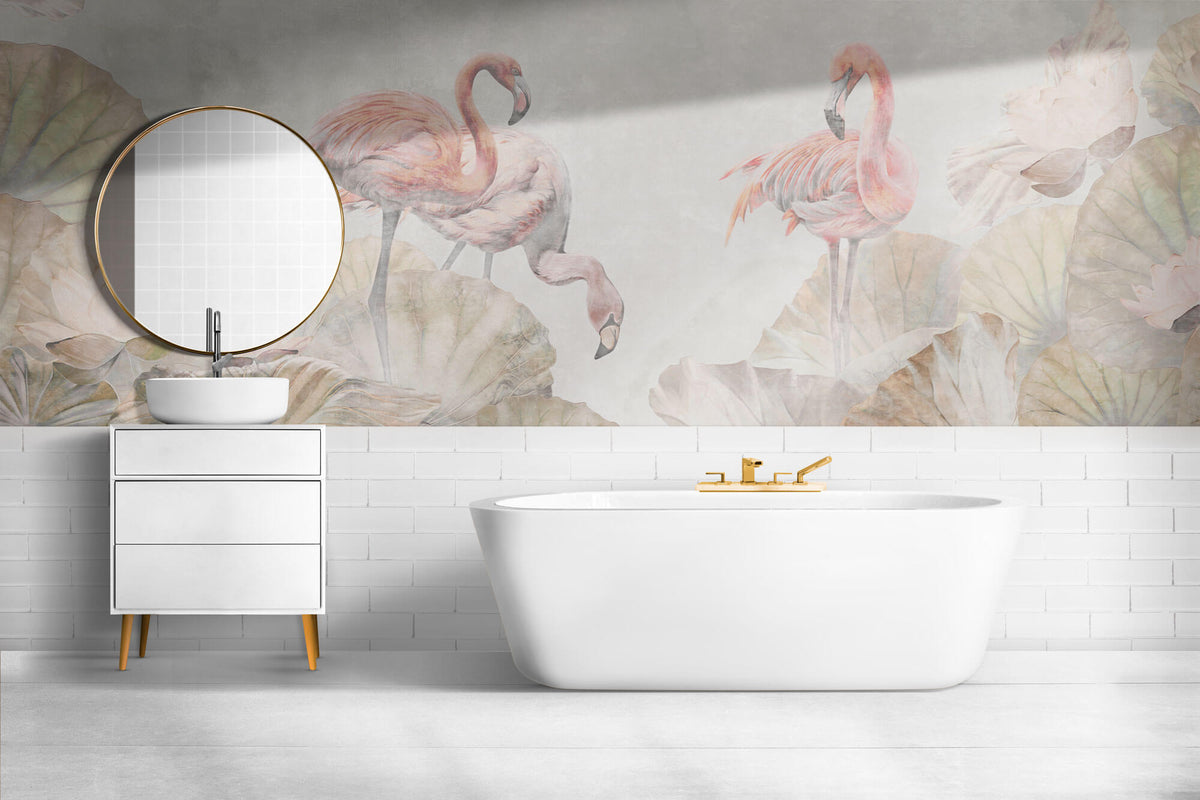 Tapet Personalizat Leaf cu frunze de lotus si flamingo roz - FLAMINGO LOTUS
