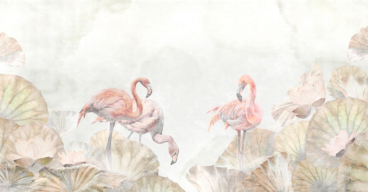 Tapet Personalizat Leaf cu frunze de lotus si flamingo roz - FLAMINGO LOTUS