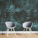 Tapet tropical personalizat cu frunze tropicale de monstera si palmieri pe un fundal albastru inchis aqua dark vegetation