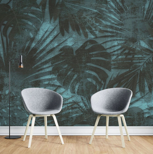 Tapet tropical personalizat cu frunze tropicale de monstera si palmieri pe un fundal albastru inchis aqua dark vegetation