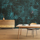 Tapet tropical personalizat cu frunze tropicale de monstera si palmieri pe un fundal albastru inchis aqua dark vegetation