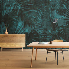 Tapet tropical personalizat cu frunze tropicale de monstera si palmieri pe un fundal albastru inchis aqua dark vegetation