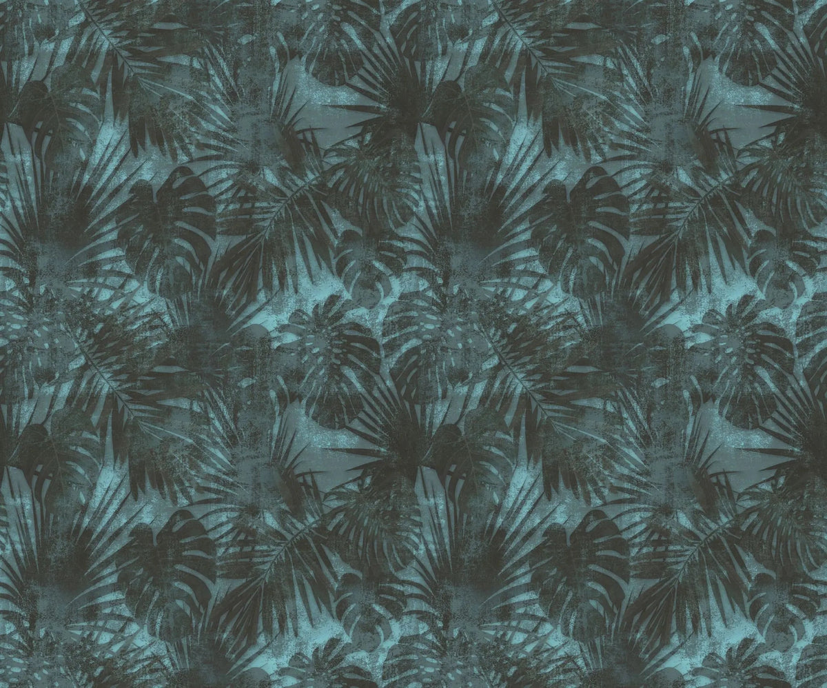 Tapet tropical personalizat cu frunze tropicale de monstera si palmieri pe un fundal albastru inchis aqua dark vegetation