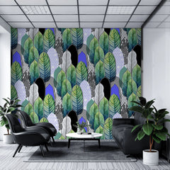 Tapet tropical personalizat cu frunze tropicale colorate verzi albastre si negre intr o combinatie artistica de linii si triunghiuri artistic leaves