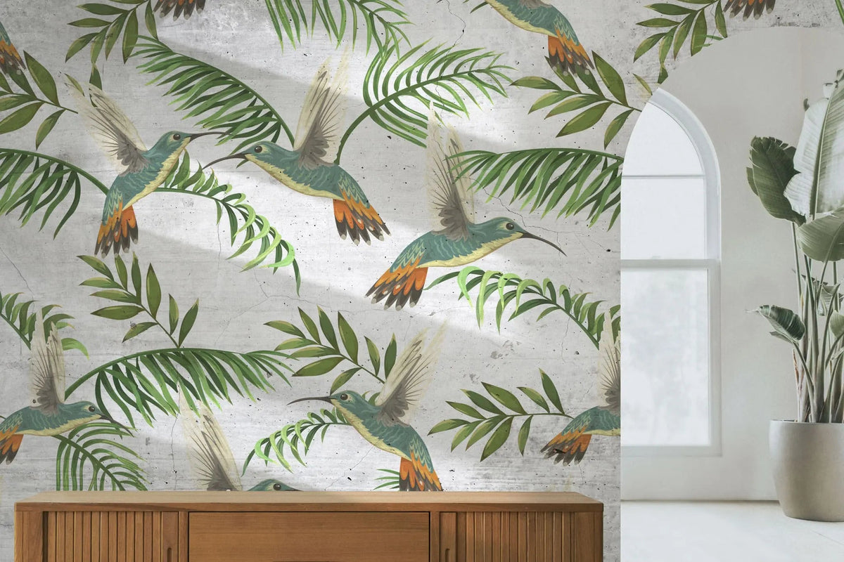 Tapet personalizat tropical cu frunze de palmier si pasari tropicale jacamar pe un fundal gri de beton concrete jungle