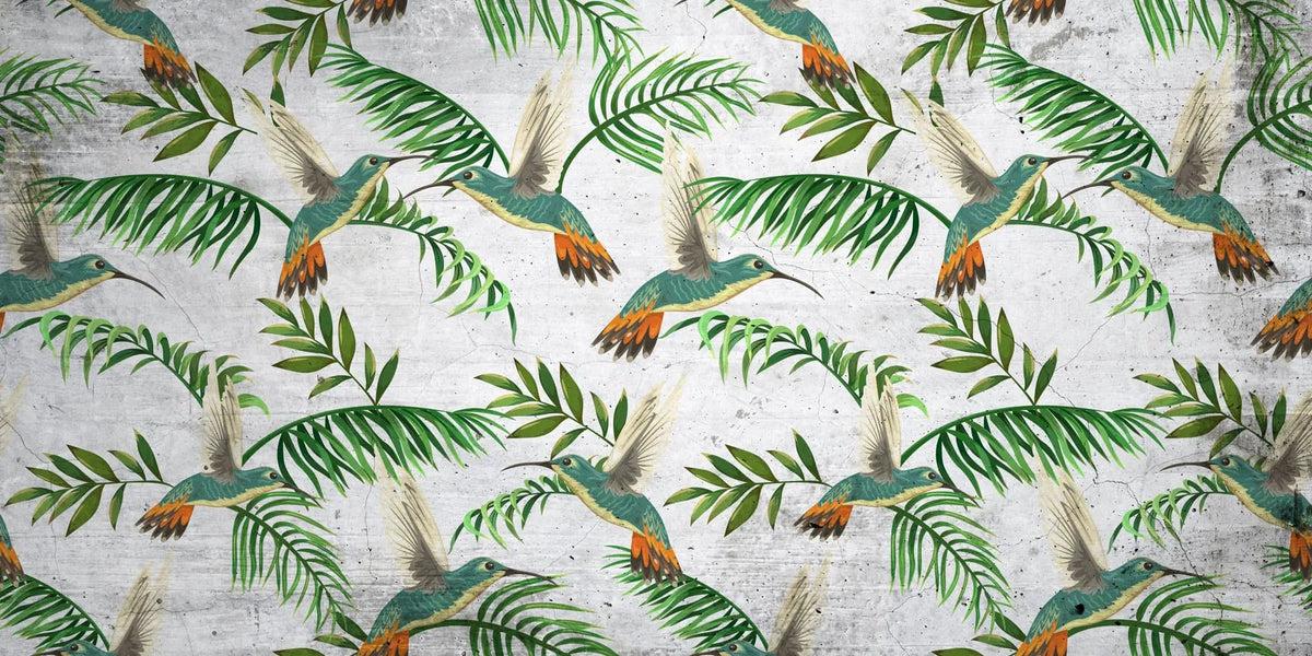 Tapet personalizat tropical cu frunze de palmier si pasari tropicale jacamar pe un fundal gri de beton concrete jungle