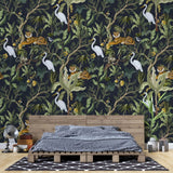 Tapet tropical personalizat cu copaci si flori tropicale frunze de bananier tigrii si barze pe fundal inchis dark jungle
