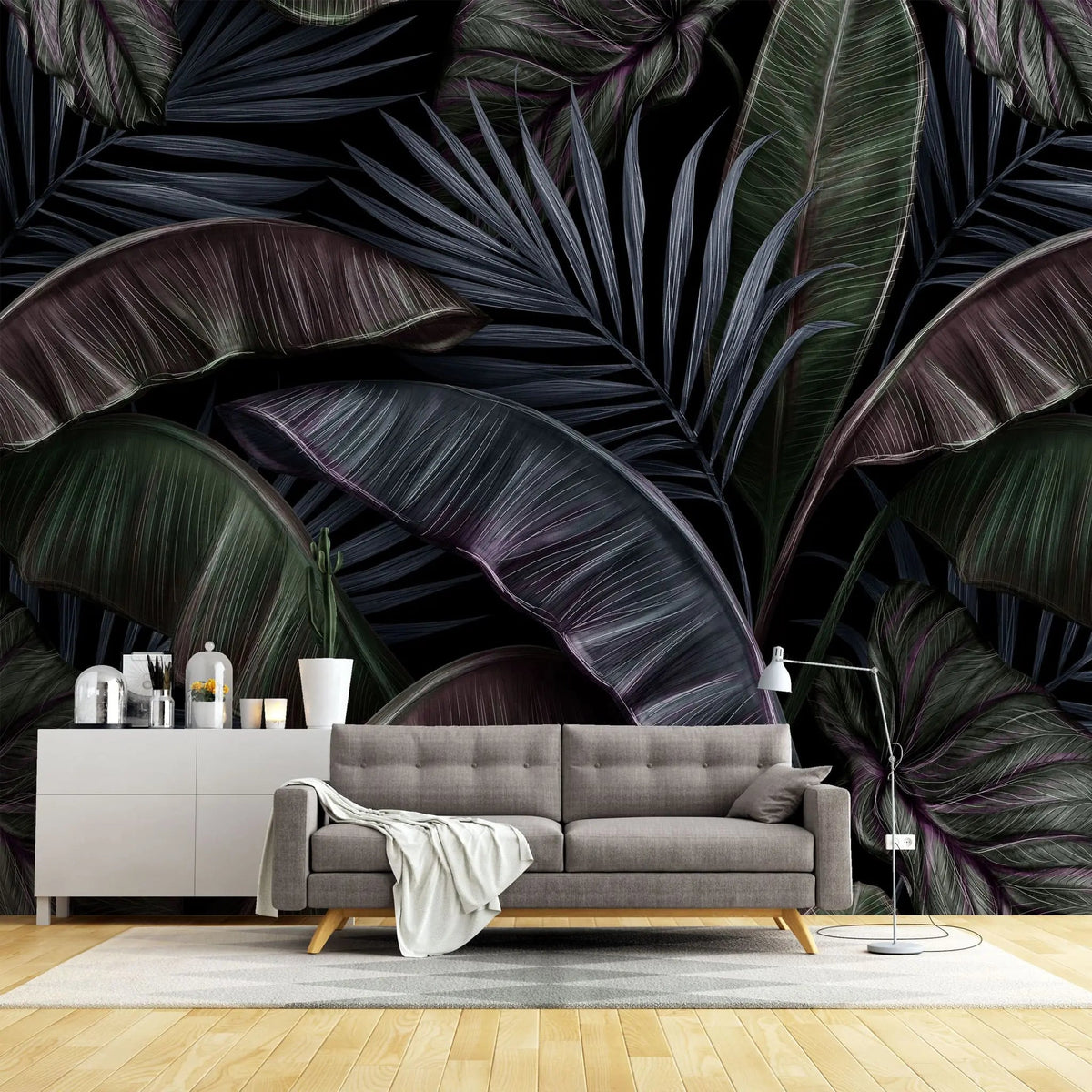 Tapet tropical personalizat cu frunze tropicale de bananier si palmier in tonuri inchise de verde si mov dark madagascar