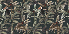 Tapet tropical personalizat cu frunze tropicale de bananier si animale tropicale – papagalul toco toucan sau tucanul urias leopard si zebre pe un fundal inchis dark tropical fauna