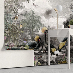 Tapet tropical personalizat tropical cu aspect de Tablou cu peisaj din jungla tropicala cu pasari si plante exotice exotic canvas