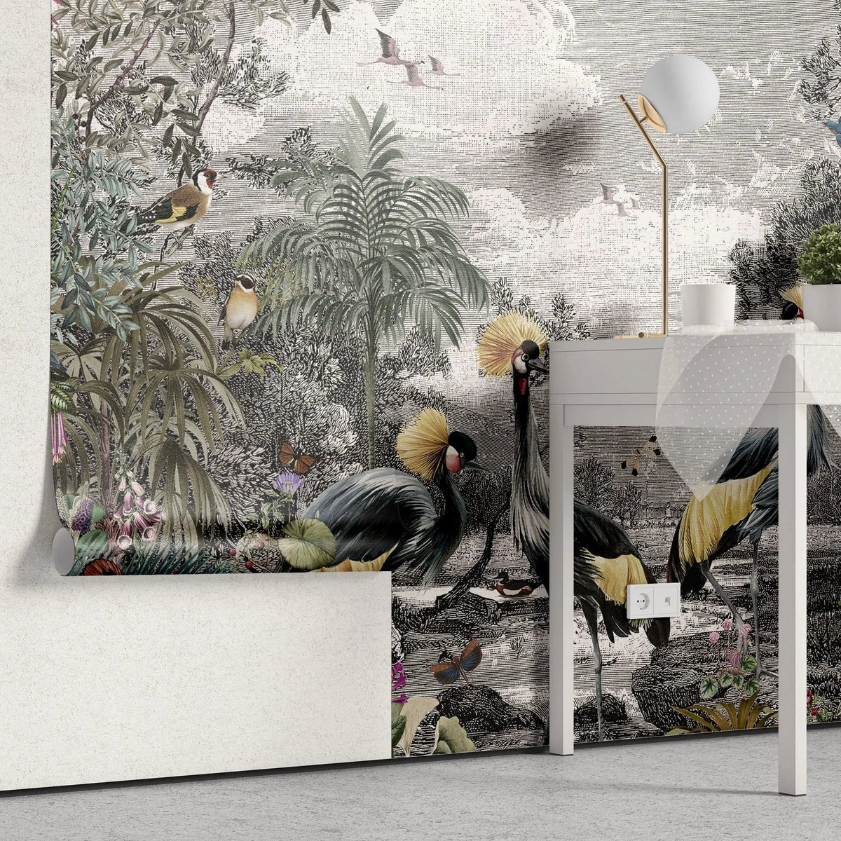Tapet tropical personalizat tropical cu aspect de Tablou cu peisaj din jungla tropicala cu pasari si plante exotice exotic canvas