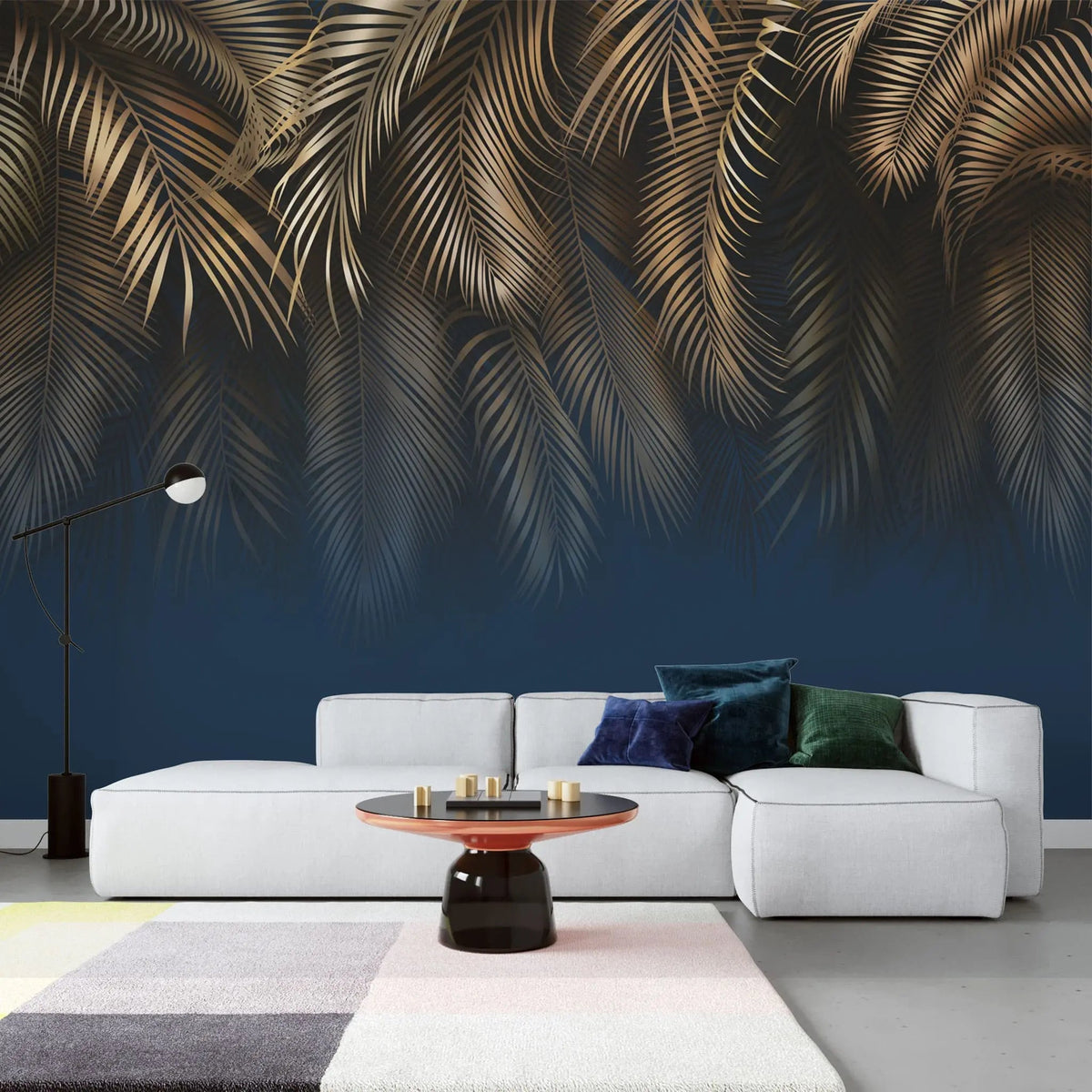 Tapet tropical personalizat cu ramuri de palmier quito aurii pe fundal bleumarin golden burrawong