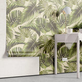 Tapet tropical personalizat cu frunze de monstera si palmier belmore pe fundal nude monstera belmore
