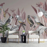 Tapet tropical personalizat cu papagali tropicali funze de calathea si flori tropicale in tonuri pastel de roz si gri pastel tropical