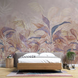 Tapet tropical personalizat cu o selectie de frunze de sterilitia bananier si palmier in nuante rose gold pastelate cu efect de pictura rose wilderness