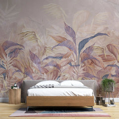 Tapet tropical personalizat cu o selectie de frunze de sterilitia bananier si palmier in nuante rose gold pastelate cu efect de pictura rose wilderness