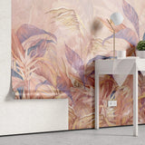 Tapet tropical personalizat cu o selectie de frunze de sterilitia bananier si palmier in nuante rose gold pastelate cu efect de pictura rose wilderness