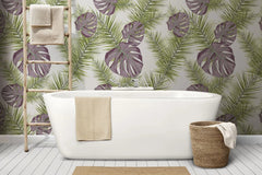 Tapet tropical personalizat cu frunze de palmier sago queen si monstera in nuante rozalii si verzi pe fundal alb sago queen monstera