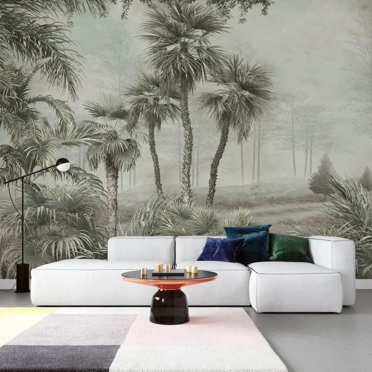 Tapet tropical personalizat cu palmieri inalti yatay copaci vazuti in departare totul in cadru de jungla tropicala sepia jungle