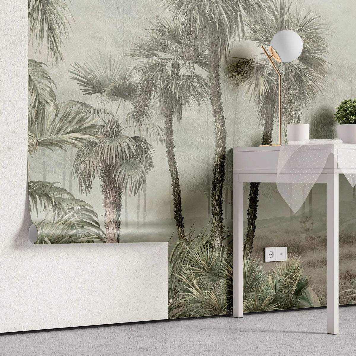 Tapet tropical personalizat cu palmieri inalti yatay copaci vazuti in departare totul in cadru de jungla tropicala sepia jungle