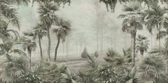 Tapet tropical personalizat cu palmieri inalti yatay copaci vazuti in departare totul in cadru de jungla tropicala sepia jungle