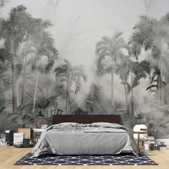 Tapet tropical personalizat in nuante sepia cu peisaj din jungla tropicala plina cu palmieri cocotieri frunze tropicale si ceata stormy jungle