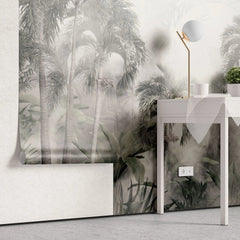 Tapet tropical personalizat in nuante sepia cu peisaj din jungla tropicala plina cu palmieri cocotieri frunze tropicale si ceata stormy jungle