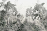 Tapet tropical personalizat in nuante sepia cu peisaj din jungla tropicala plina cu palmieri cocotieri frunze tropicale si ceata stormy jungle